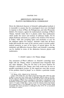Aristotle's Criticism of Plato's Mathematical Cosmology