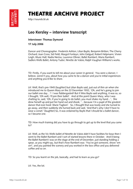 Theatre Archive Project: Interview with Leo Kersley