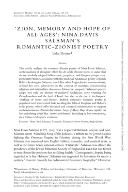 Nina Davis Salaman's Romantic-Zionist Poetry