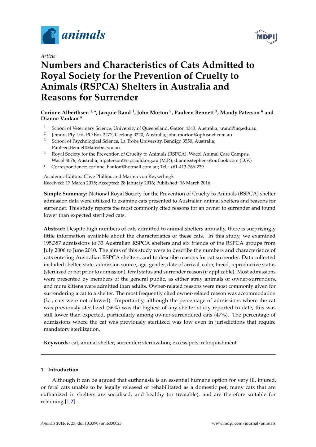 Numbers and Characteristics of Cats Admitted to Royal Society for the Prevention of Cruelty to Animals (RSPCA) Shelters in Australia and Reasons for Surrender