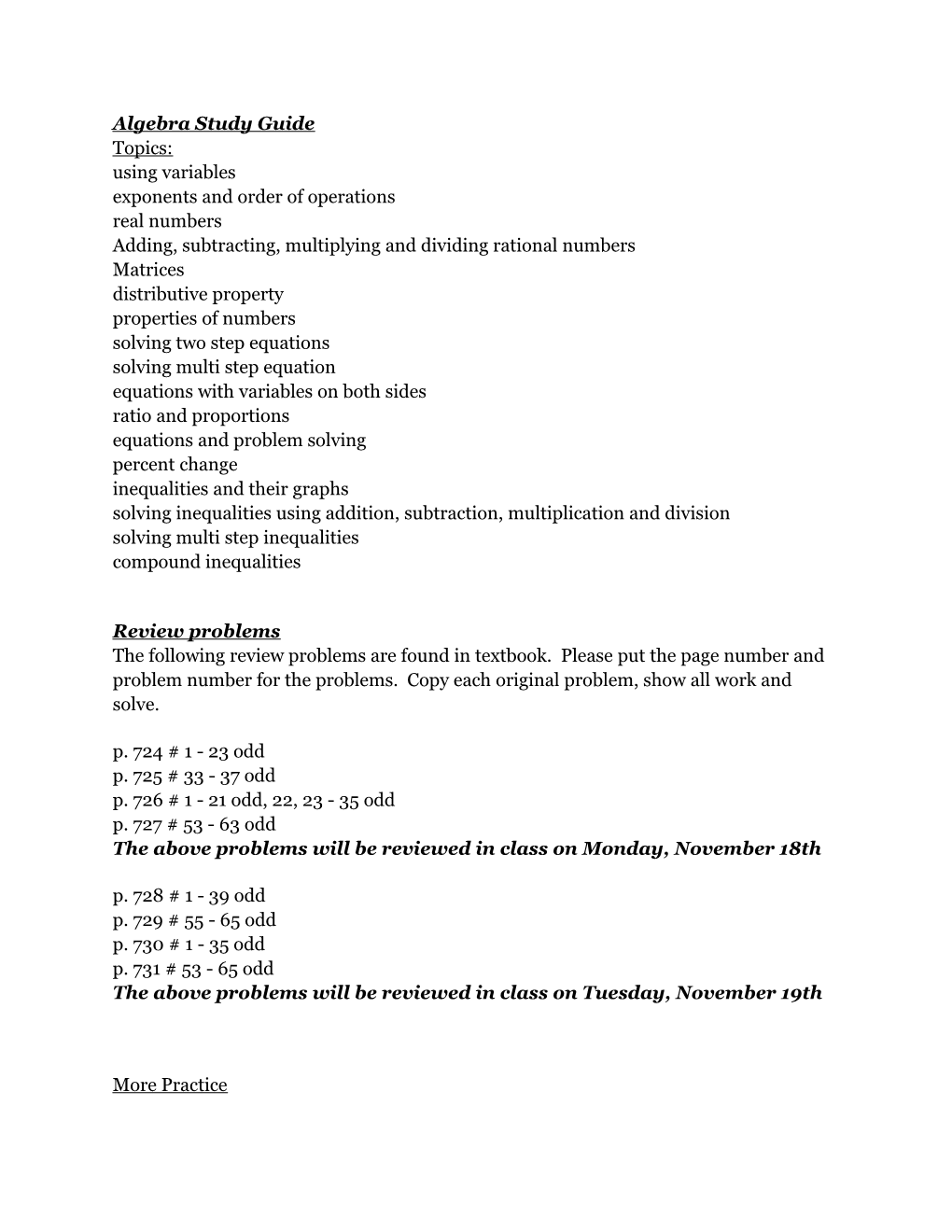 Algebra Study Guide Trimester 1 Benchmark