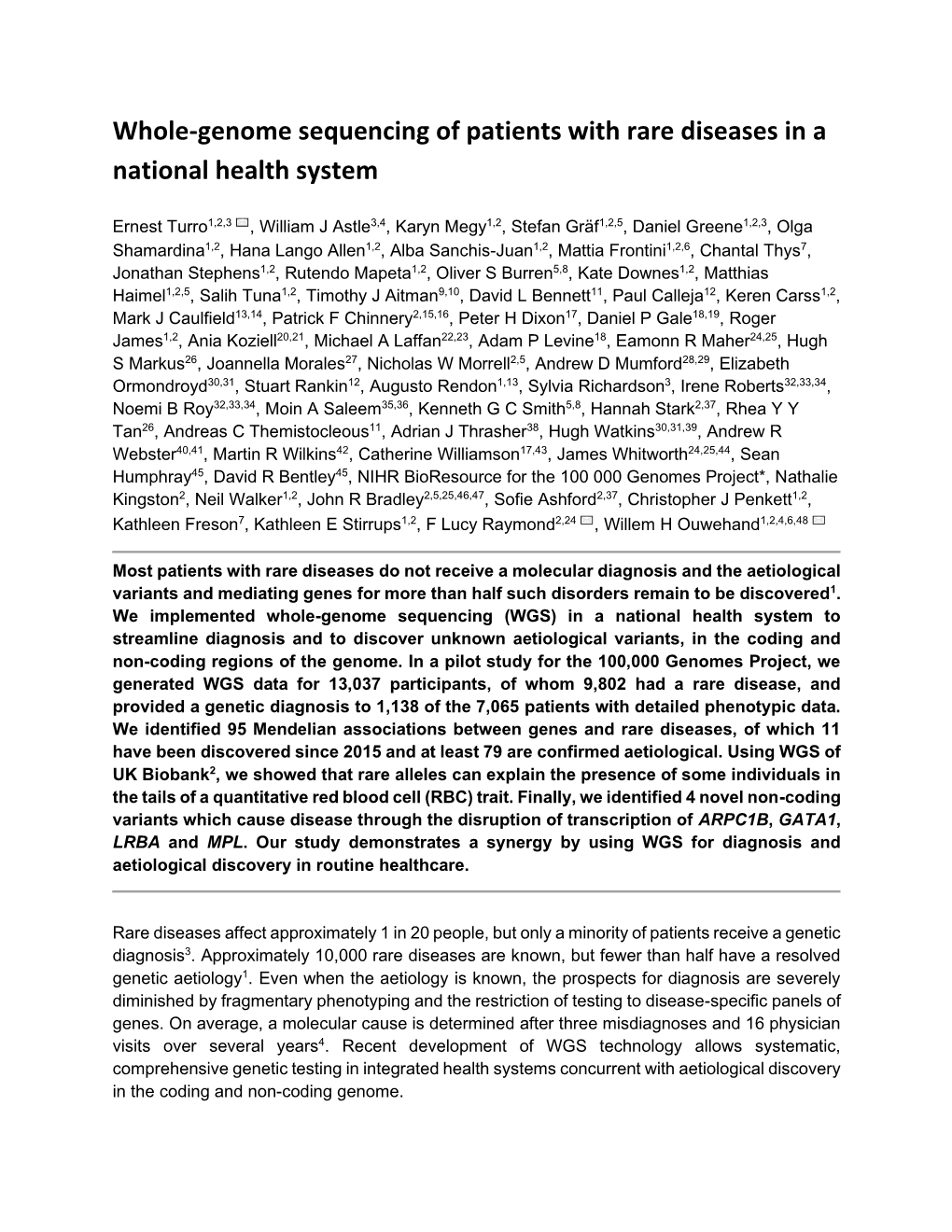 Whole-Genome Sequencing of Patients with Rare Diseases in a National Health System