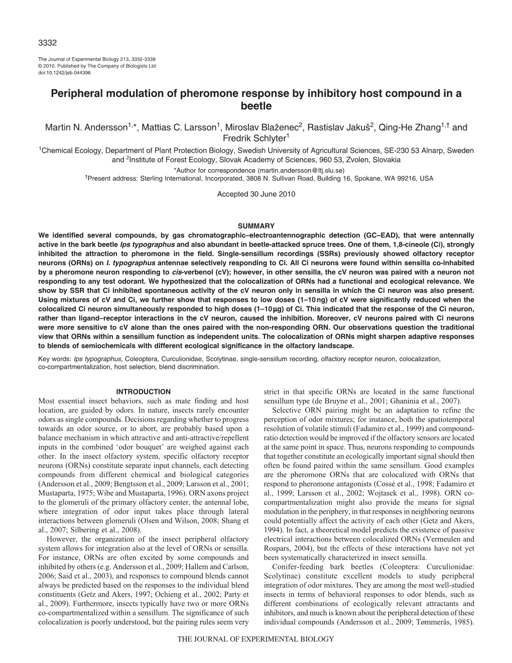 Peripheral Modulation of Pheromone Response by Inhibitory Host Compound in a Beetle