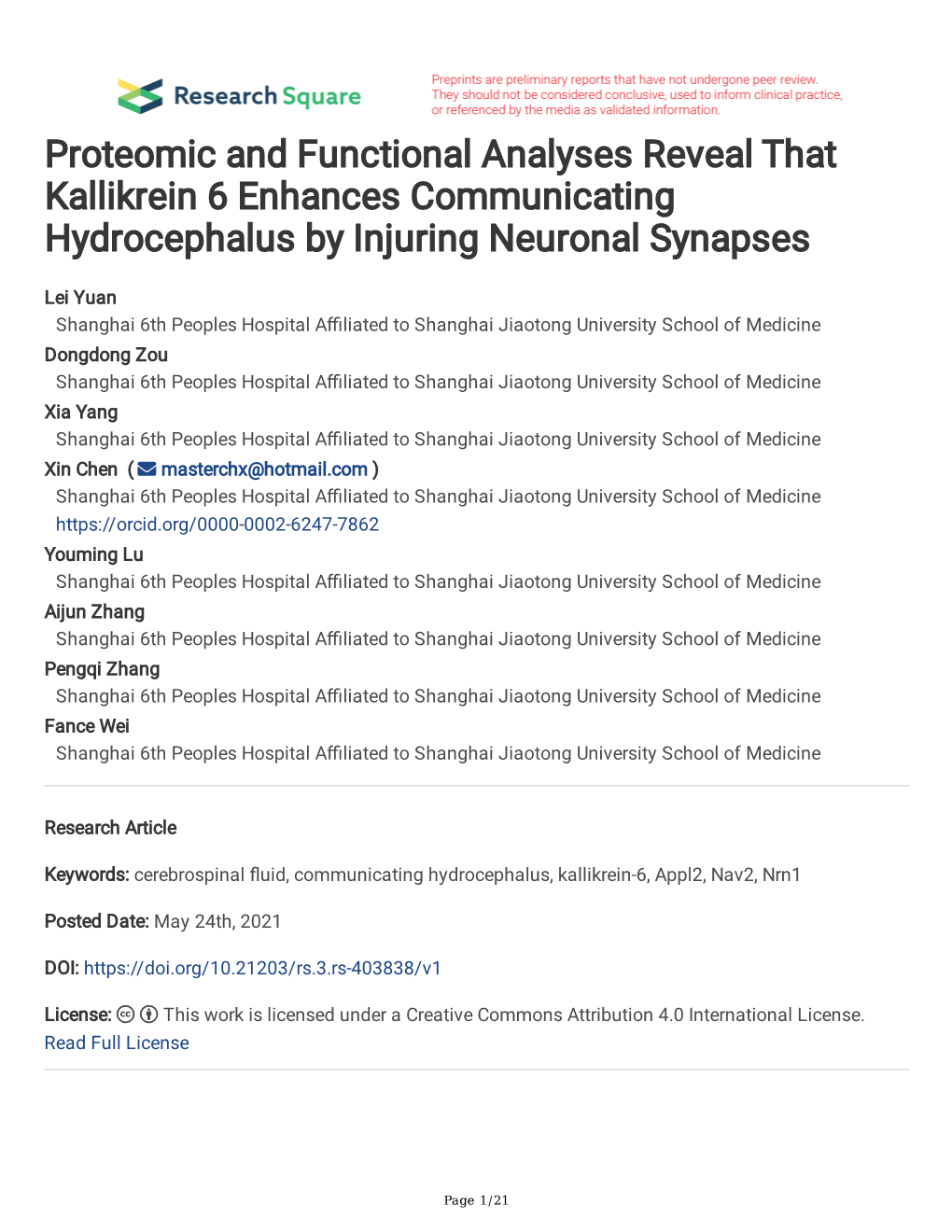 Proteomic and Functional Analyses Reveal That Kallikrein 6 Enhances Communicating Hydrocephalus by Injuring Neuronal Synapses