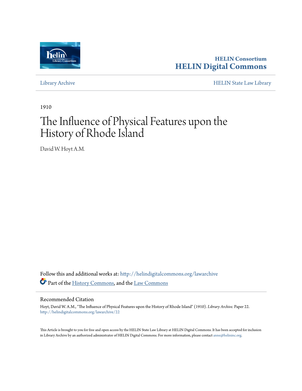 The Influence of Physical Features Upon the History of Rhode Island