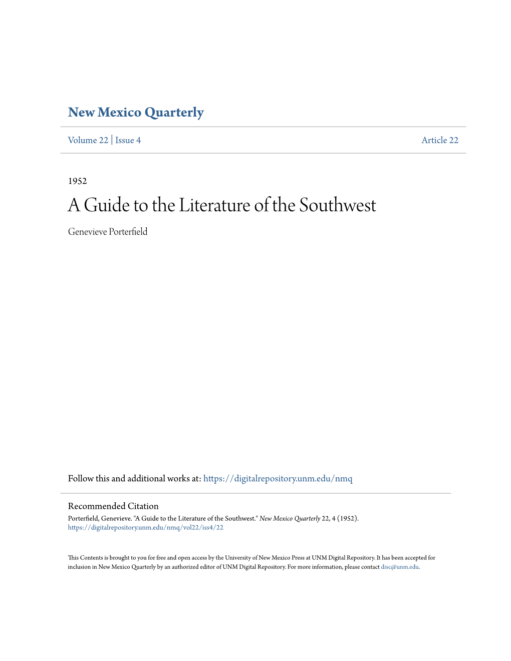 A Guide to the Literature of the Southwest Genevieve Porterfield