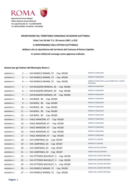 RIPARTIZIONE DEL TERRITORIO COMUNALE in SEZIONI ELETTORALI Visto L'art.34 Del T.U. 20 Marzo 1967, N.223 IL RESPONSABILE DELL'uff