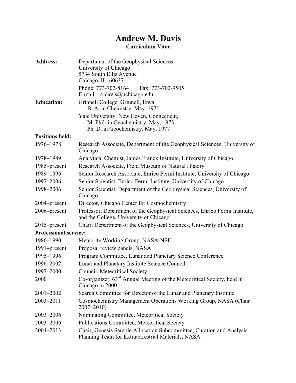 Andrew M. Davis Curriculum Vitae