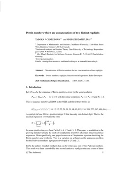 Perrin Numbers Which Are Concatenations of Two Distinct Repdigits