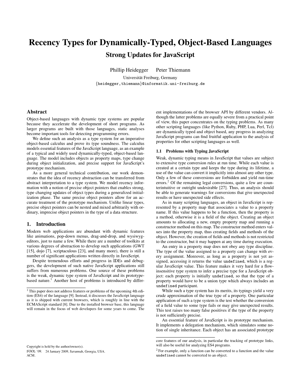 Recency Types for Dynamically-Typed, Object-Based Languages Strong Updates for Javascript