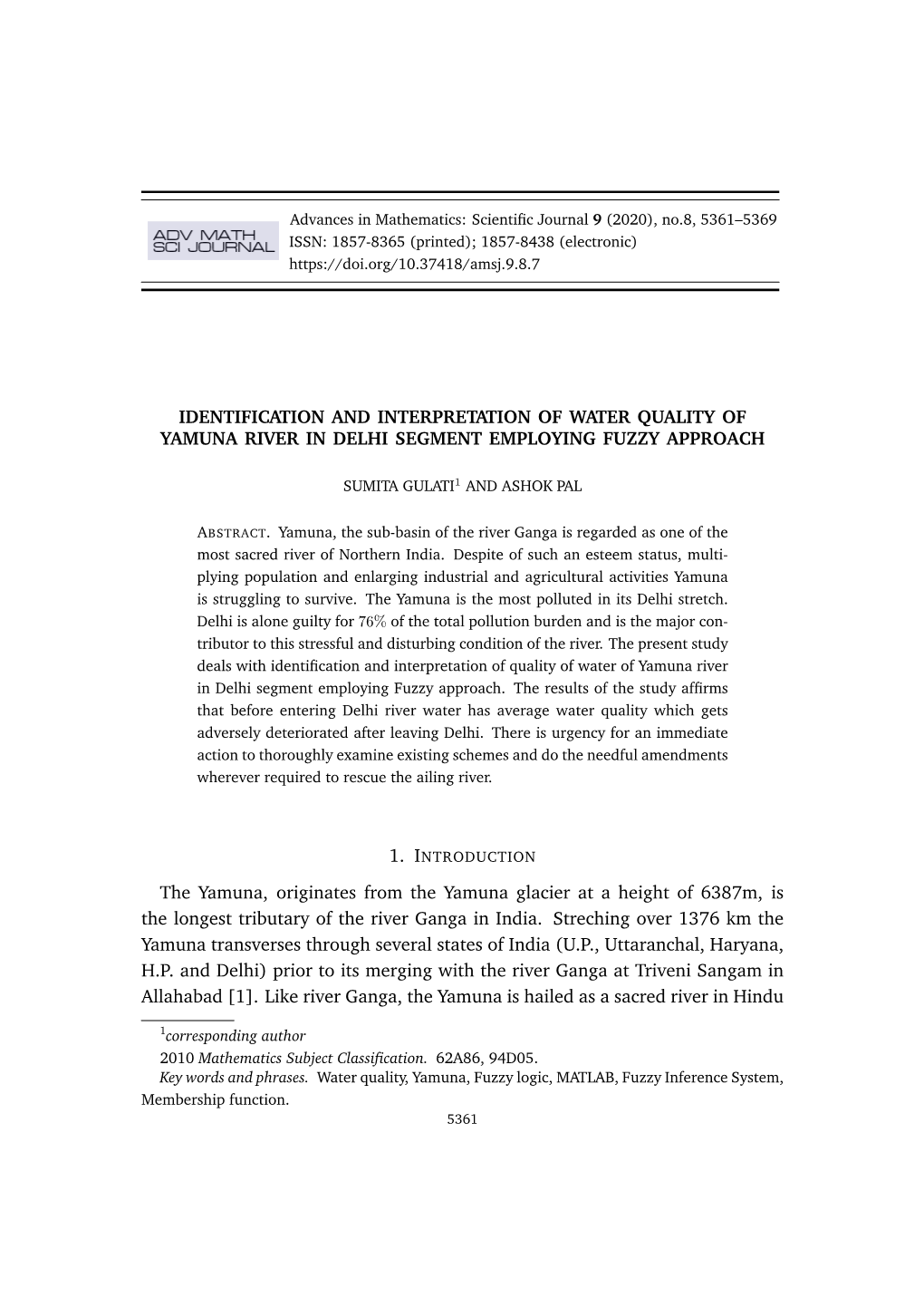 Identification and Interpretation of Water Quality of Yamuna River in Delhi Segment Employing Fuzzy Approach