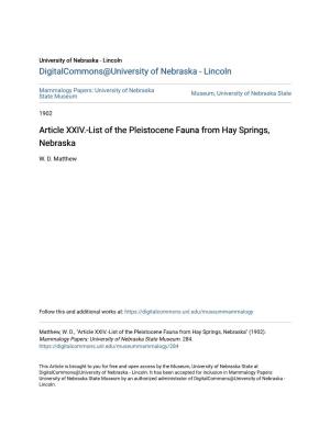 Article XXIV.-List of the Pleistocene Fauna from Hay Springs, Nebraska