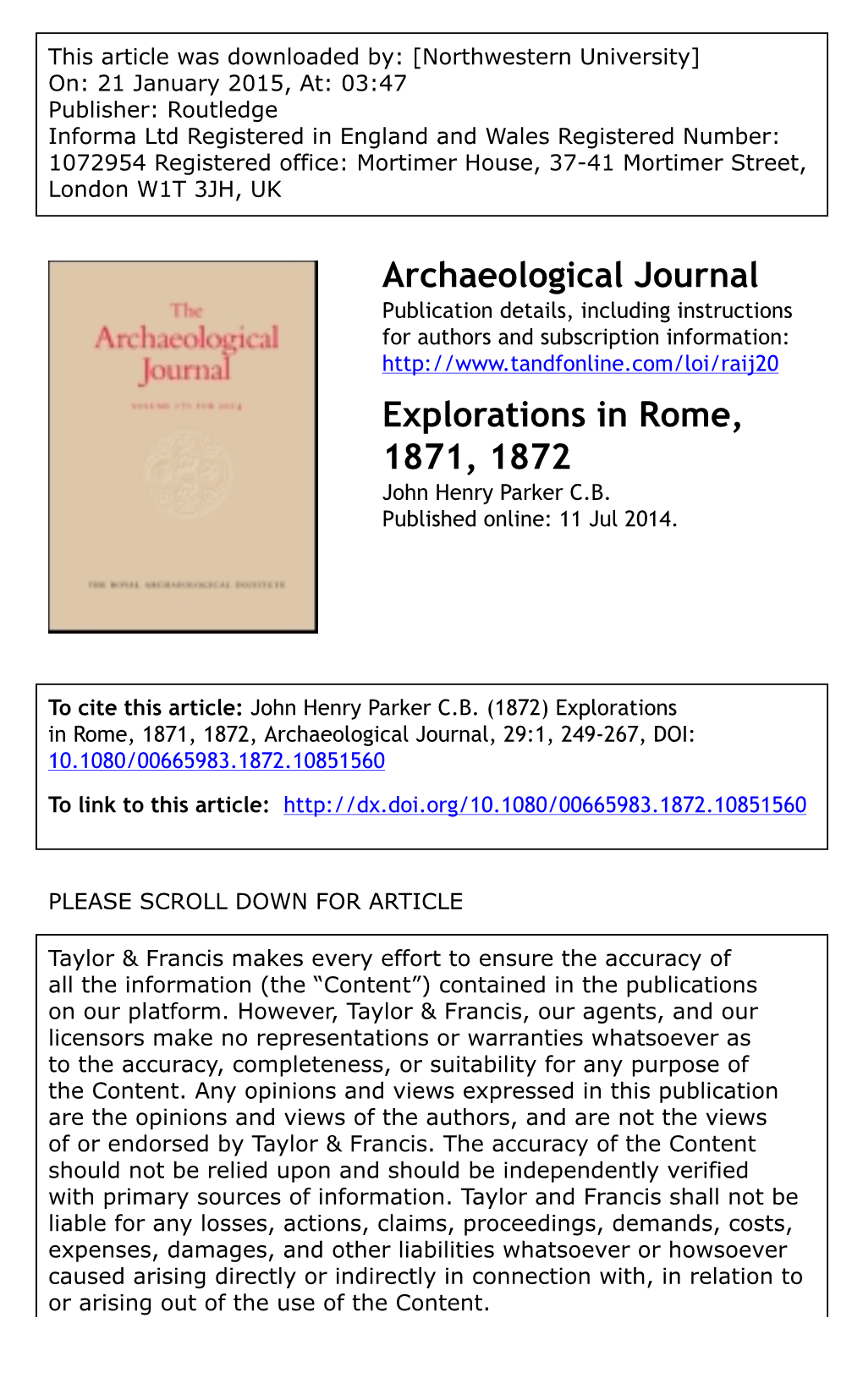 Archaeological Journal Explorations in Rome, 1871, 1872