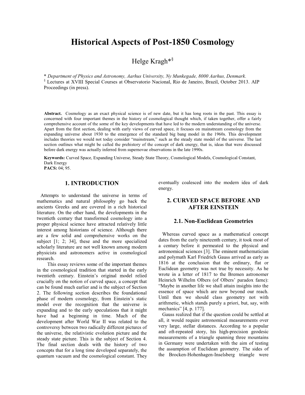 Historical Aspects of Post-1850 Cosmology