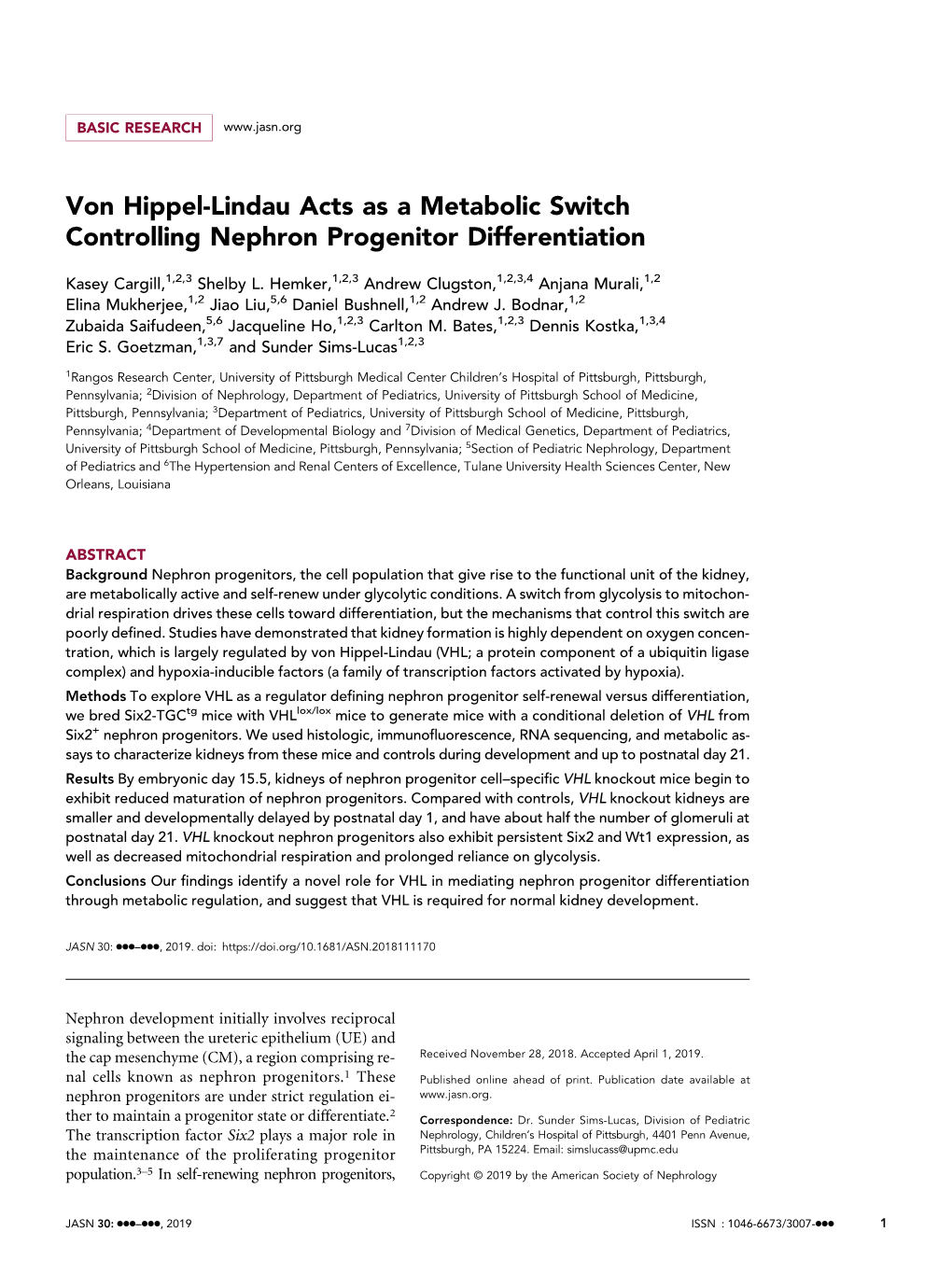 Von Hippel-Lindau Acts As a Metabolic Switch Controlling Nephron Progenitor Differentiation