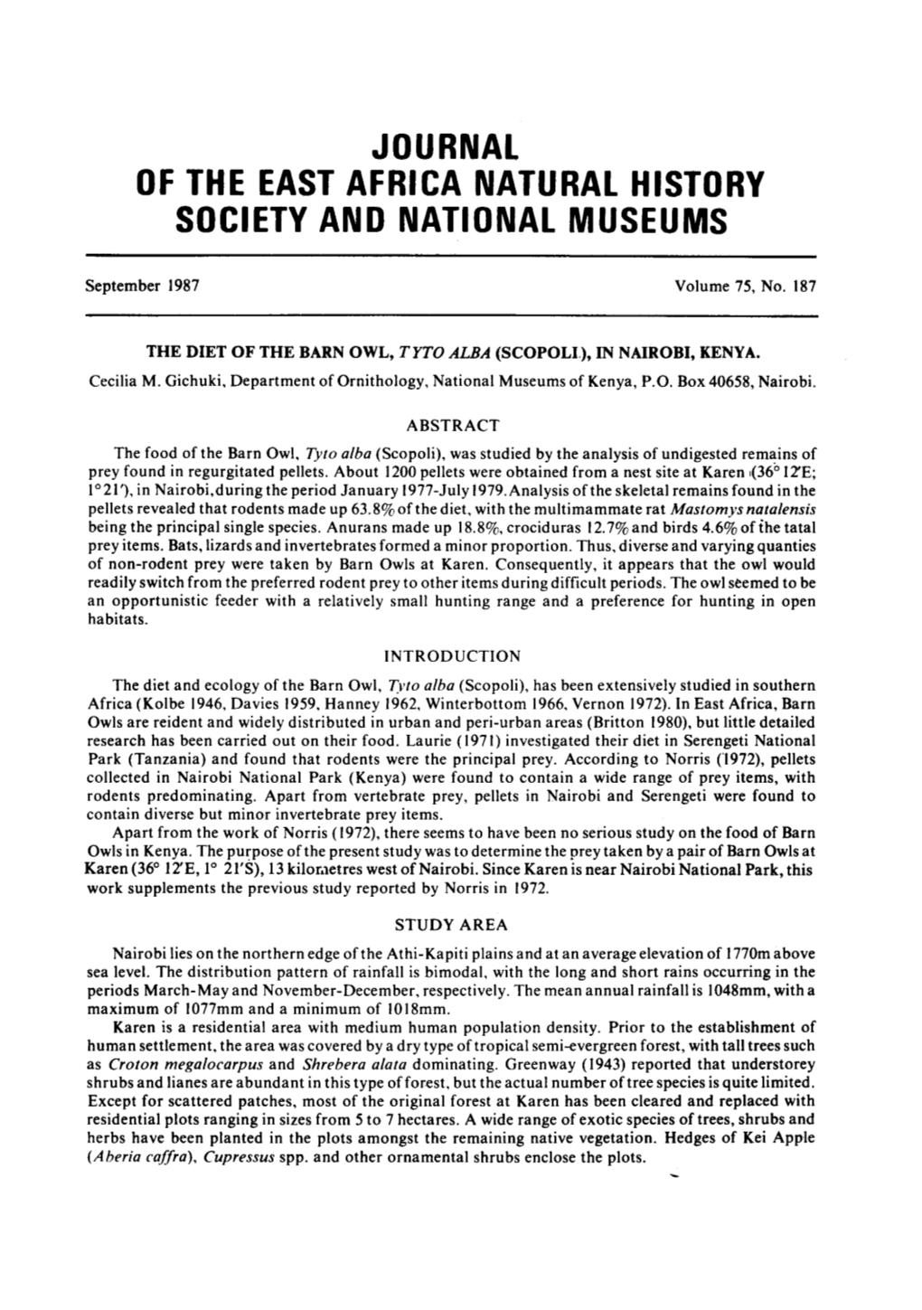 Journal of the East Africa Natural History Society and National Museums