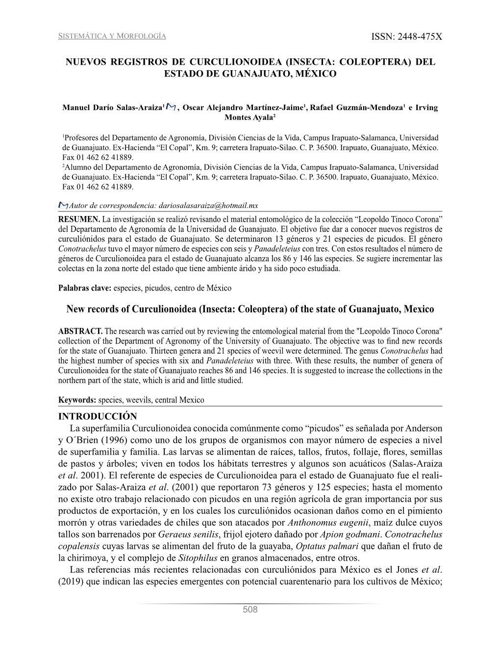 Nuevos Registros De Curculionoidea (Insecta: Coleoptera) Del Estado De ...