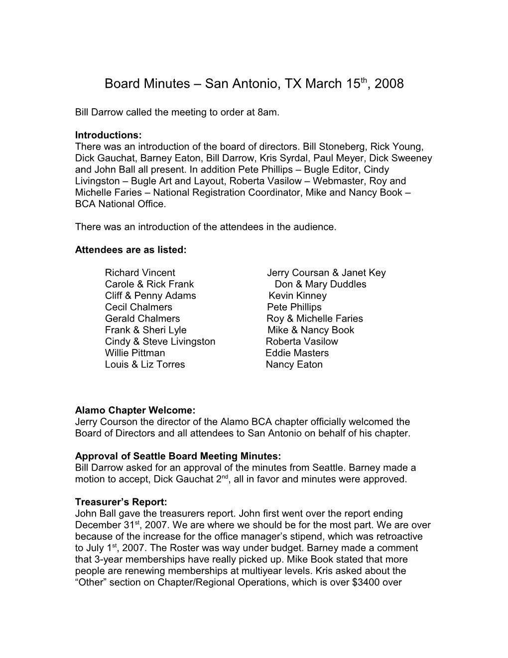 Board Minutes San Antonio, TX March 15Th, 2008