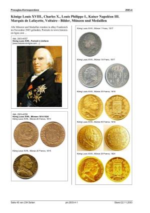 Könige Louis XVIII., Charles X., Louis Philippe I., Kaiser Napoléon III. Marquis De Lafayette, Voltaire - Bilder, Münzen Und Medaillen
