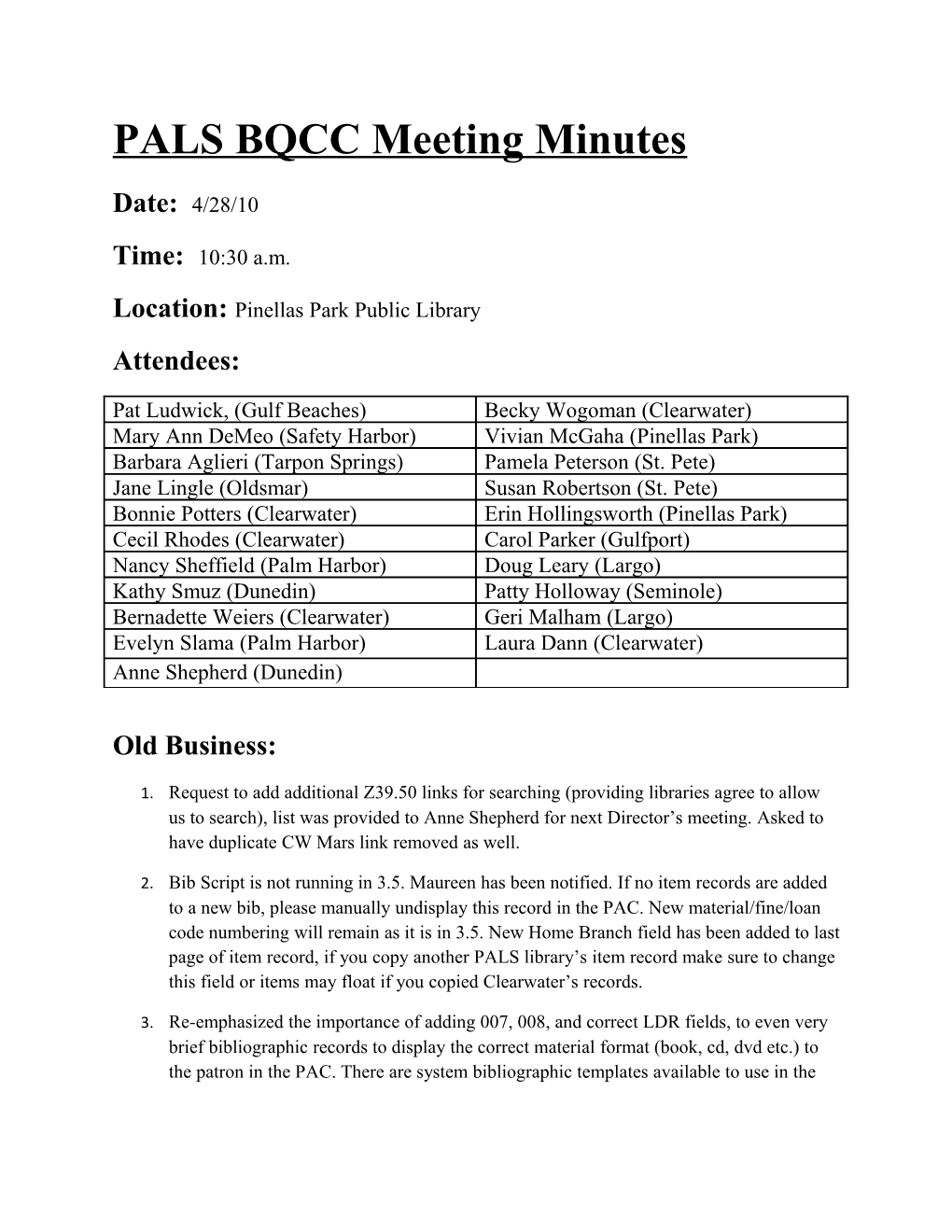 PALS BQCC Meeting Minutes