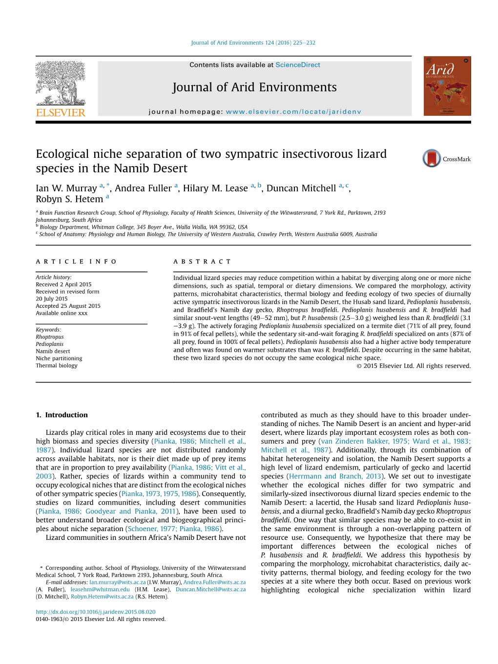 Ecological Niche Separation of Two Sympatric Insectivorous Lizard Species in the Namib Desert