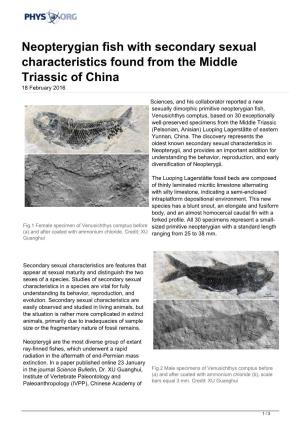 Neopterygian Fish with Secondary Sexual Characteristics Found from the Middle Triassic of China 18 February 2016