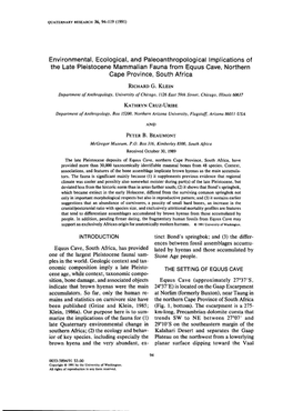 The Late Pleistocene Mammalian Fauna from Equus Cave, Northern Cape Province, South Africa