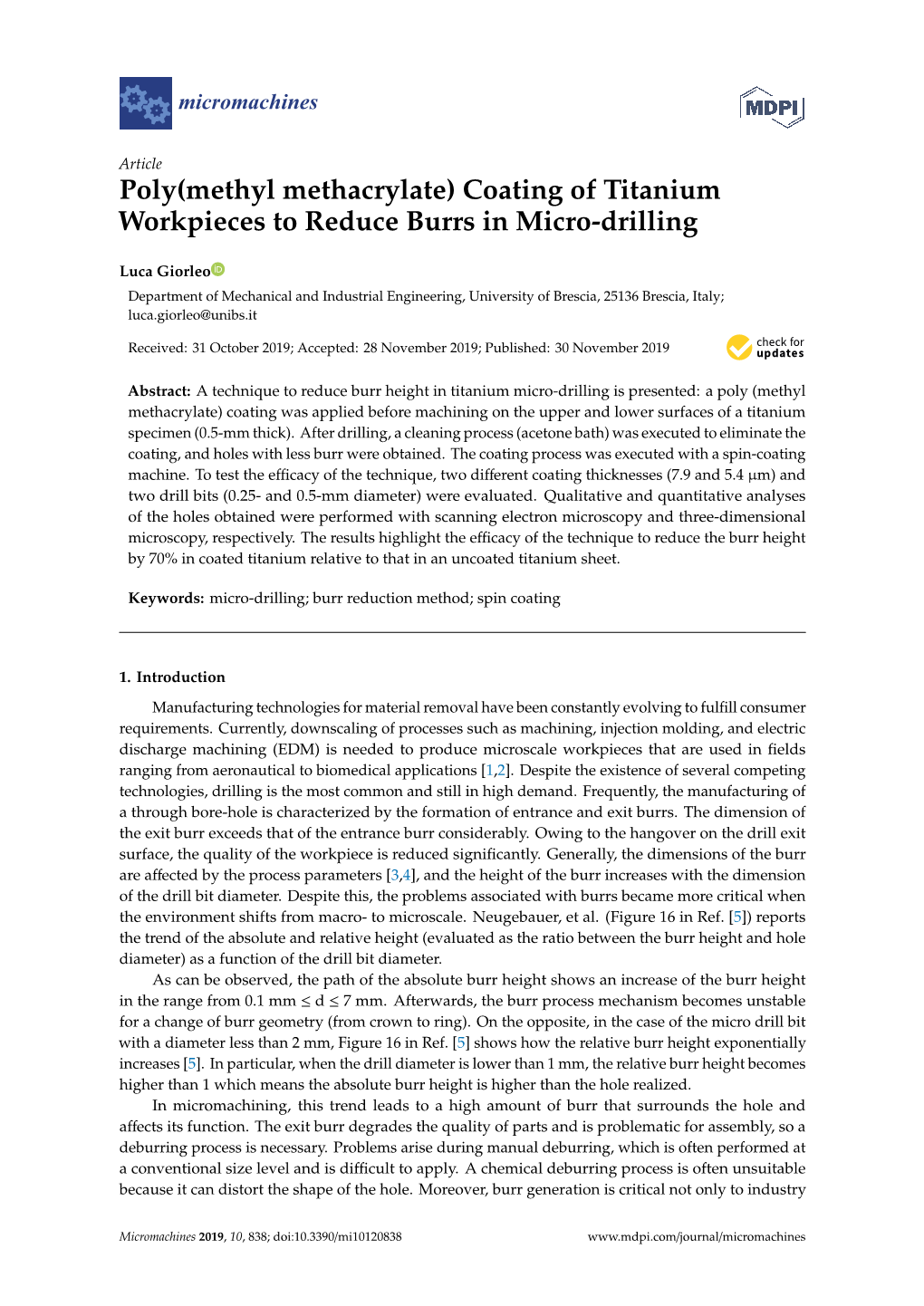 Poly(Methyl Methacrylate) Coating of Titanium Workpieces to Reduce Burrs in Micro-Drilling