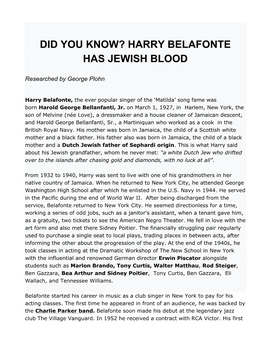 Did You Know? Harry Belafonte Has Jewish Blood