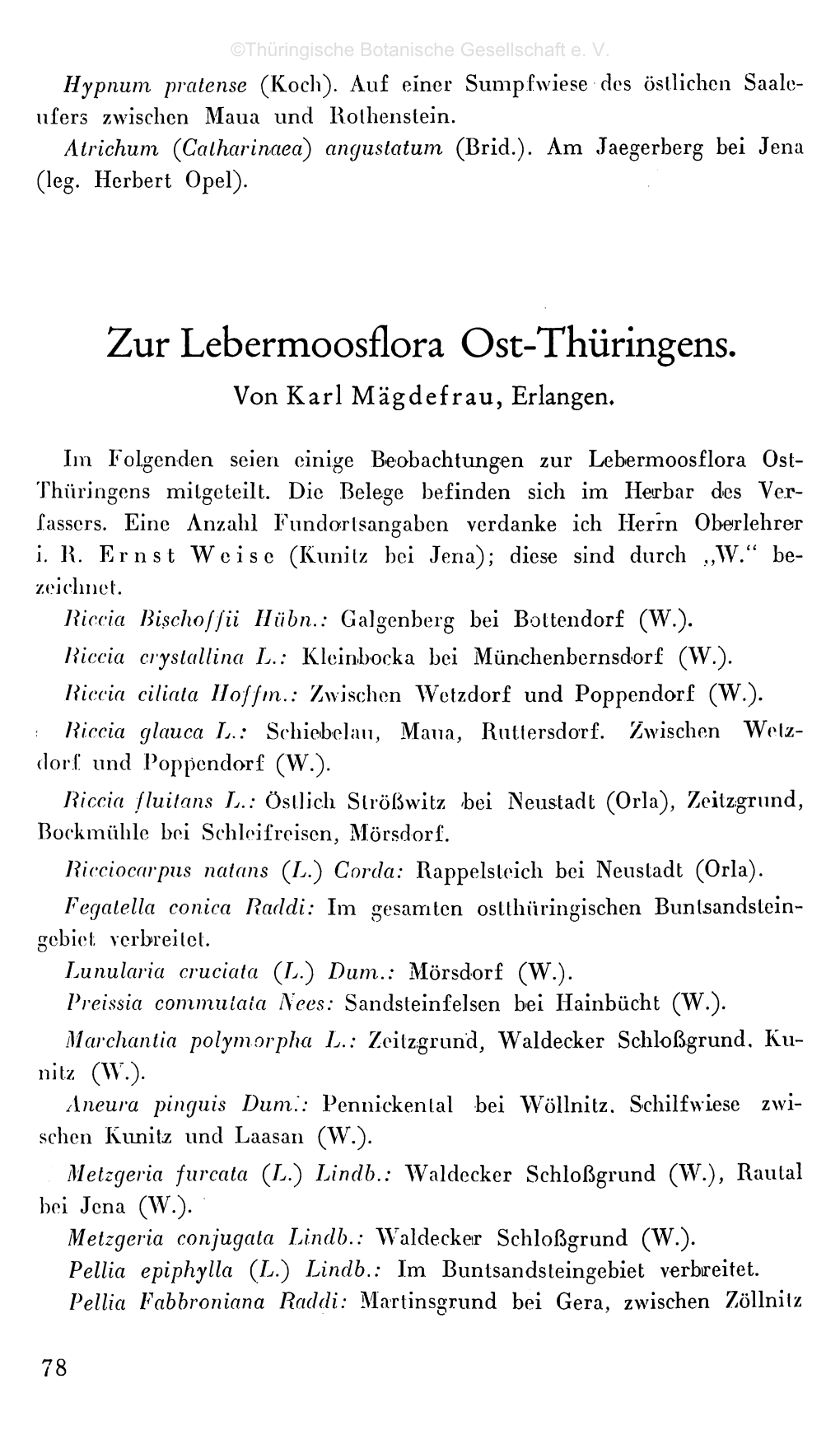 Zur Lebermoosflora Ost-Thüringens. Von Karl M Ägdefrau, Erlangen»