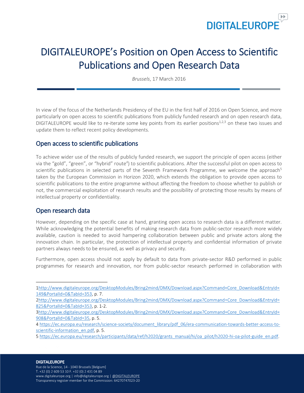 DIGITALEUROPE's Position on Open Access to Scientific Publications and Open Research Data