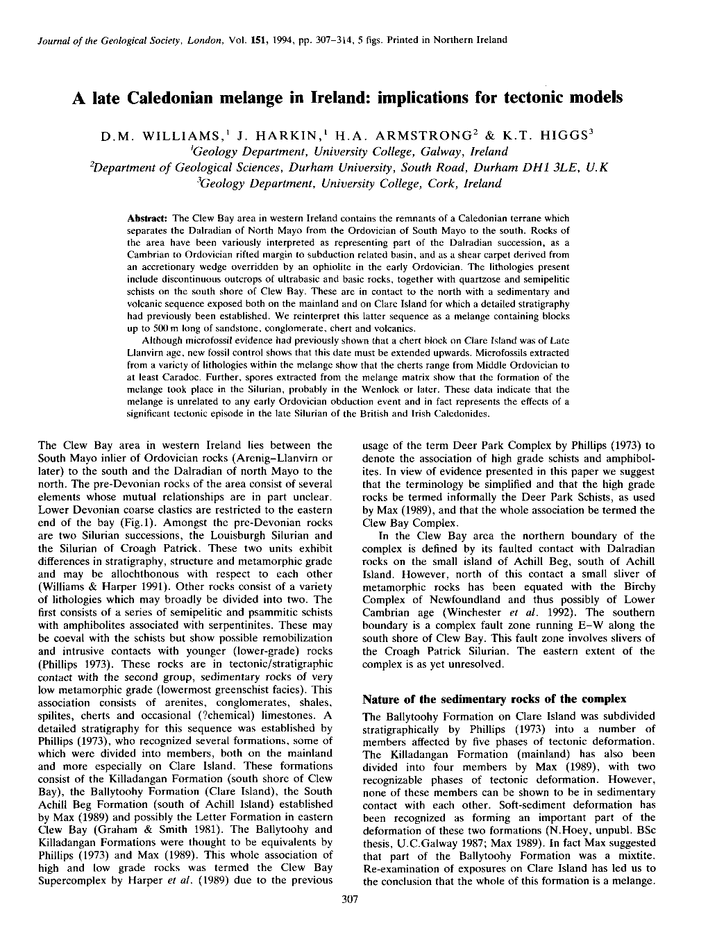 A Late Caledonian Melange in Ireland: Implications for Tectonic Models