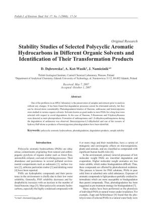 Stability Studies of Selected Polycyclic Aromatic Hydrocarbons in Different Organic Solvents and Identification of Their Transformation Products