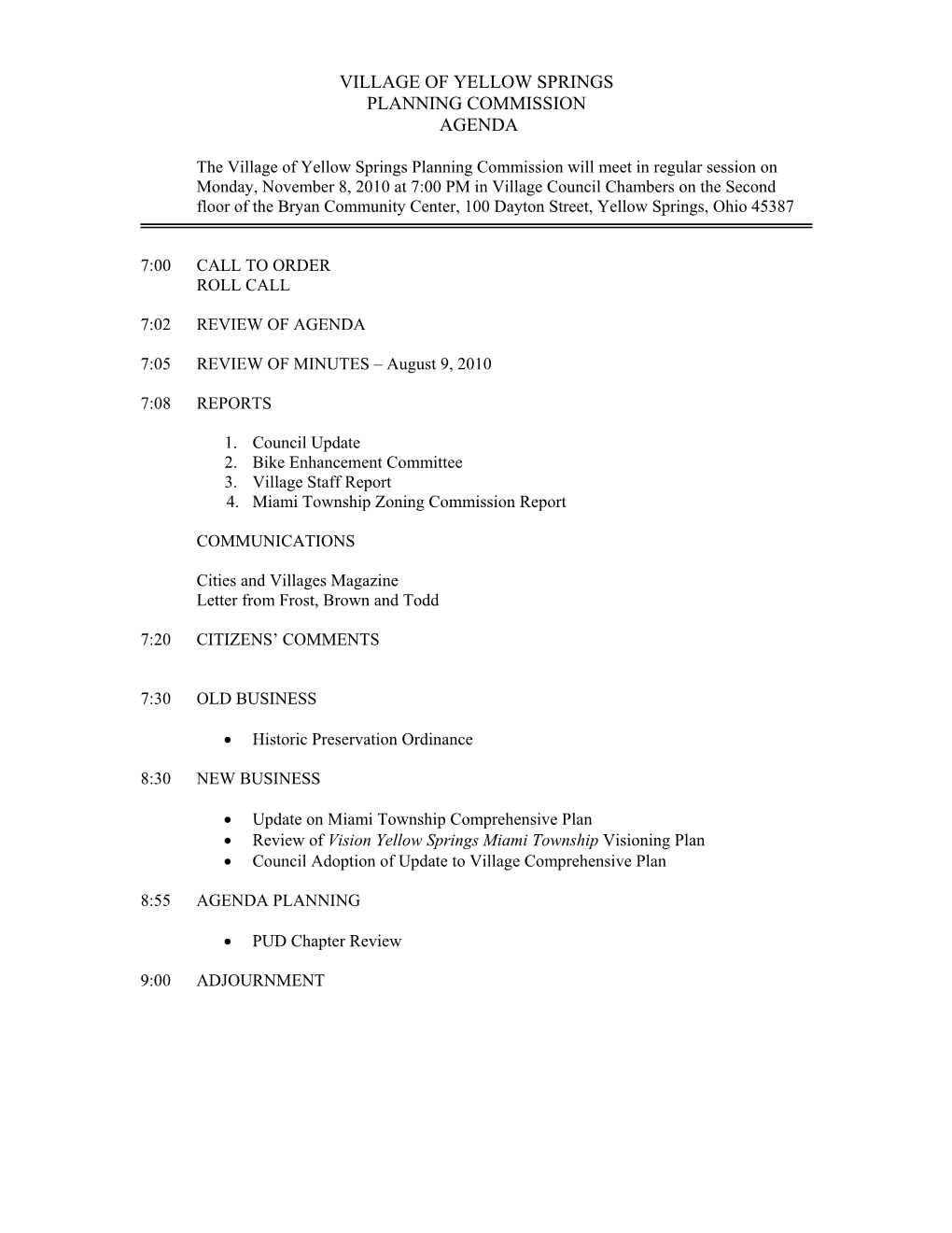Yellow Springs Planning Commission Agenda
