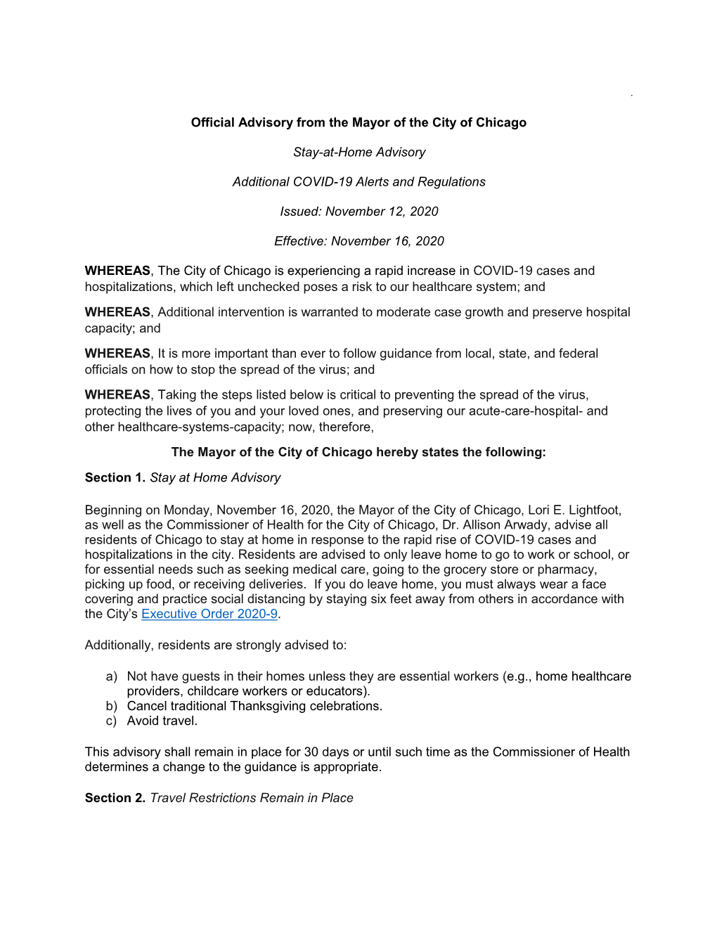 City of Chicago Stay-At-Home Advisory
