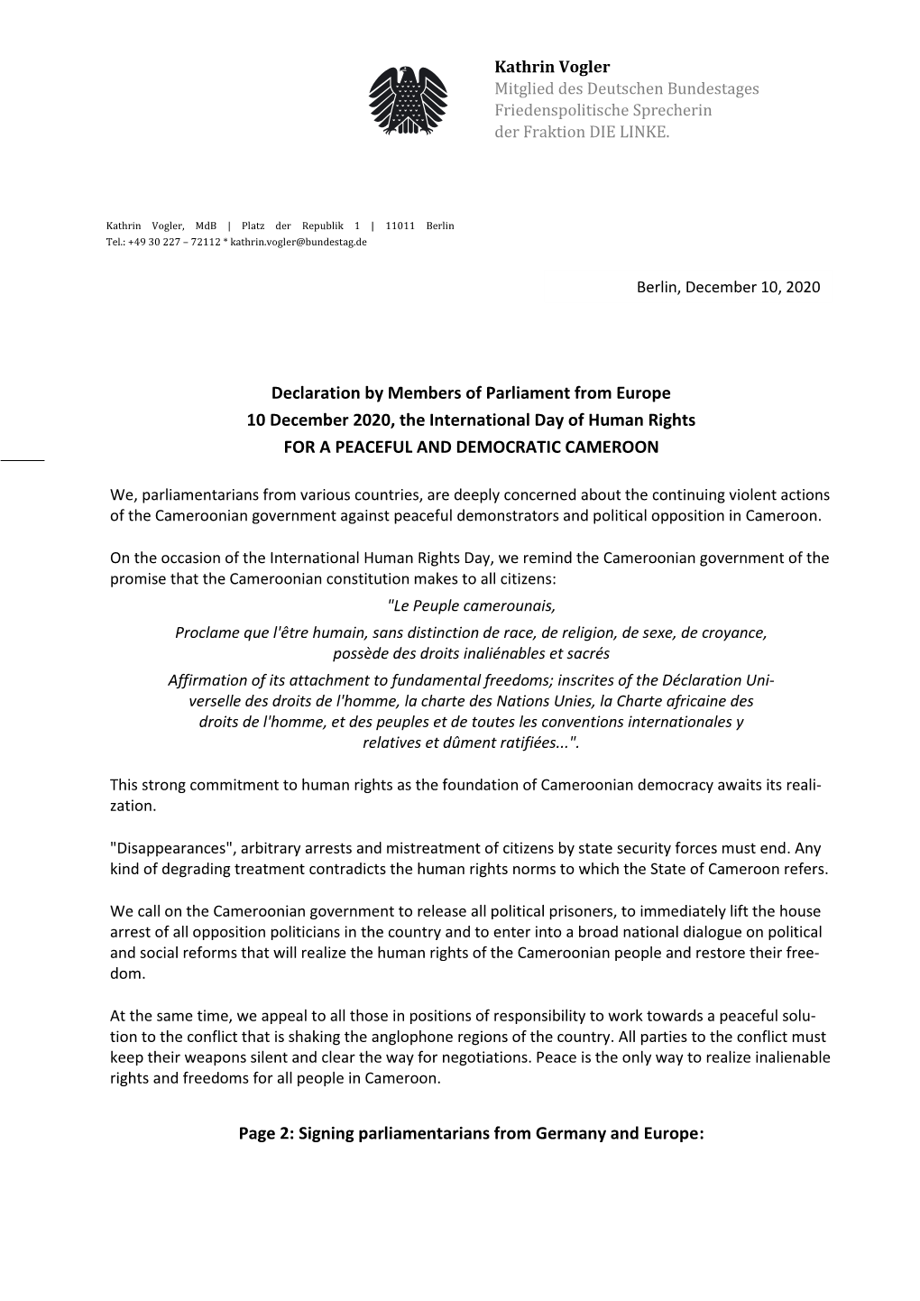 Declaration by Members of Parliament from Europe 10 December 2020, the International Day of Human Rights for a PEACEFUL and DEMOCRATIC CAMEROON