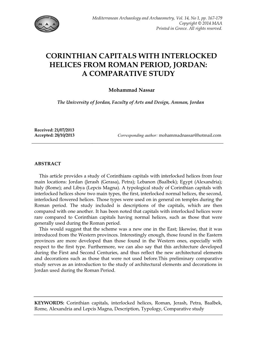 Corinthian Capitals with Interlocked Helices from Roman Period, Jordan: a Comparative Study