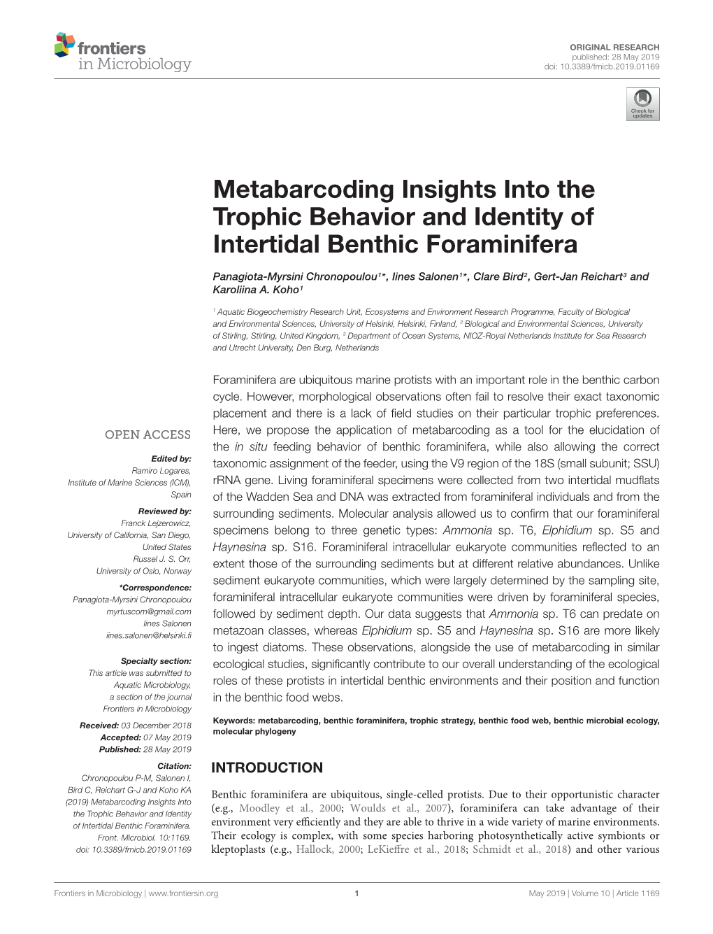 Metabarcoding Insights Into the Trophic Behavior and Identity of Intertidal Benthic Foraminifera