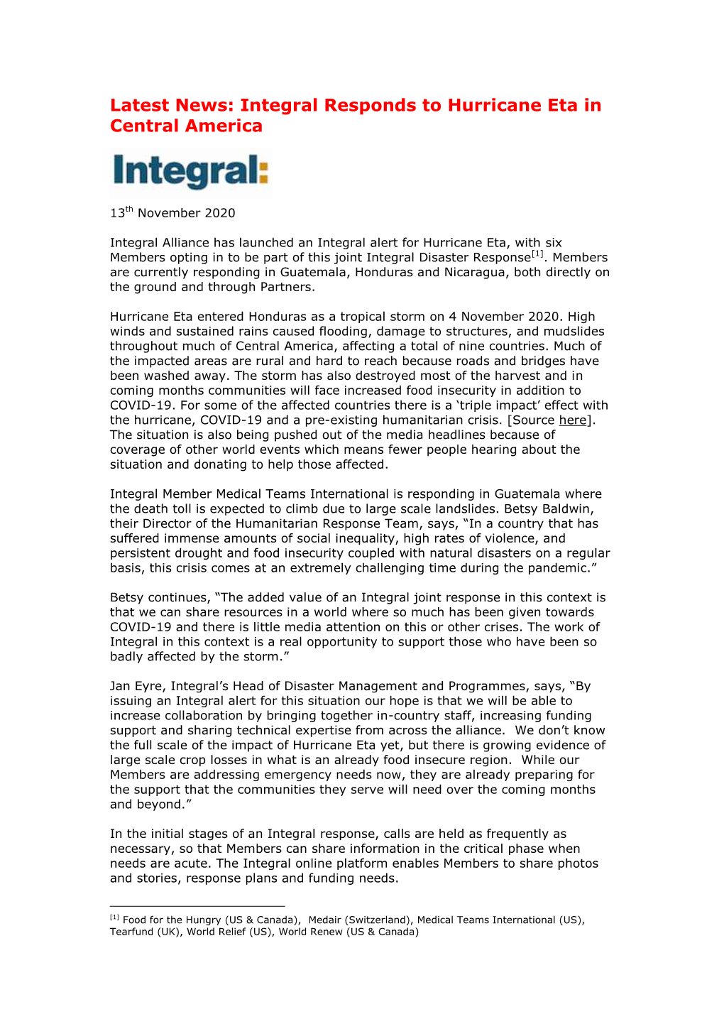 Integral Responds to Hurricane Eta in Central America