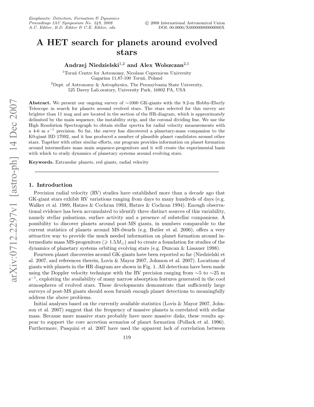 Arxiv:0712.2297V1 [Astro-Ph] 14 Dec 2007 Utemr,Psun Ta.20 Aeue H Paetlac Apparent the Forma Used Planet Have of 2007 Scenarios Al