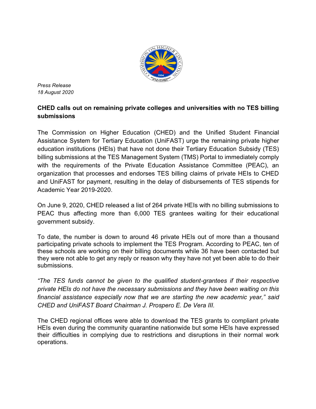 CHED Calls out on Remaining Private Colleges and Universities with No TES Billing Submissions
