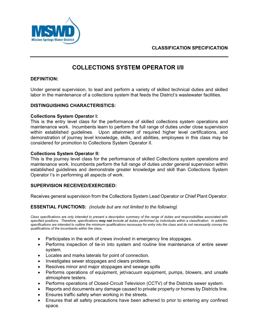 Collections System Operator I/Ii