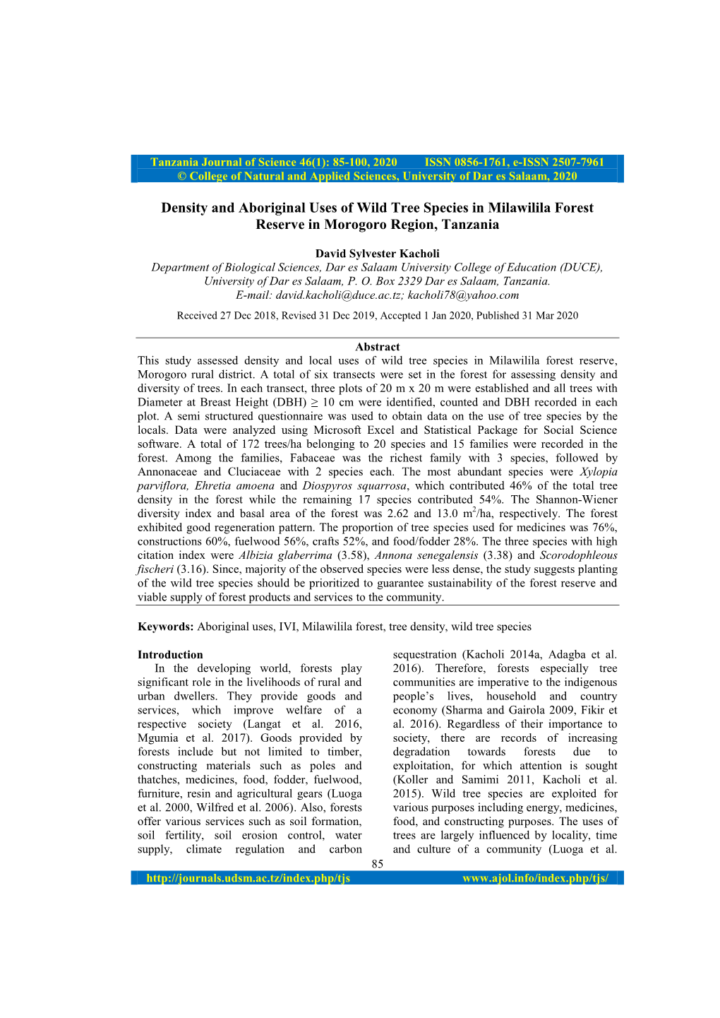 Density and Aboriginal Uses of Wild Tree Species in Milawilila Forest Reserve in Morogoro Region, Tanzania