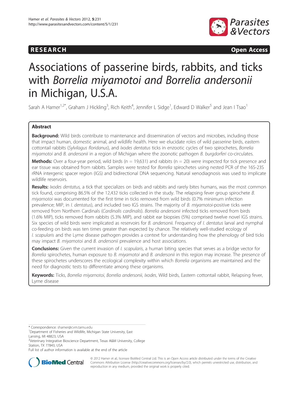 Associations of Passerine Birds, Rabbits, and Ticks with Borrelia Miyamotoi and Borrelia Andersonii in Michigan, U.S.A