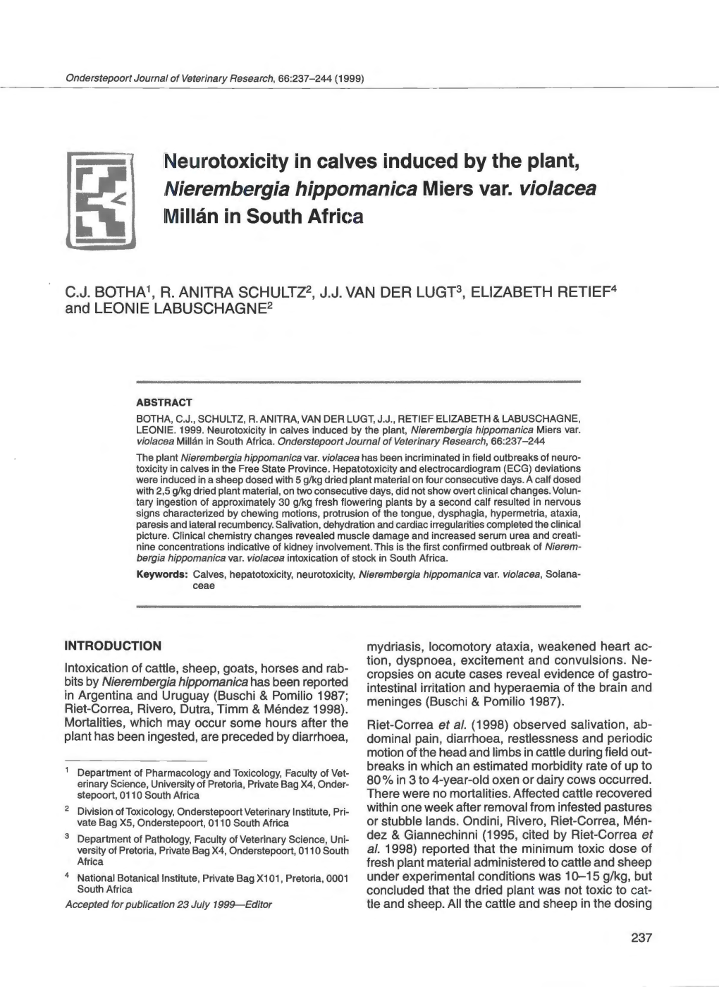 Neurotoxicity in Calves Induced by the Plant, Nierembergia Hippomanica Miers Var