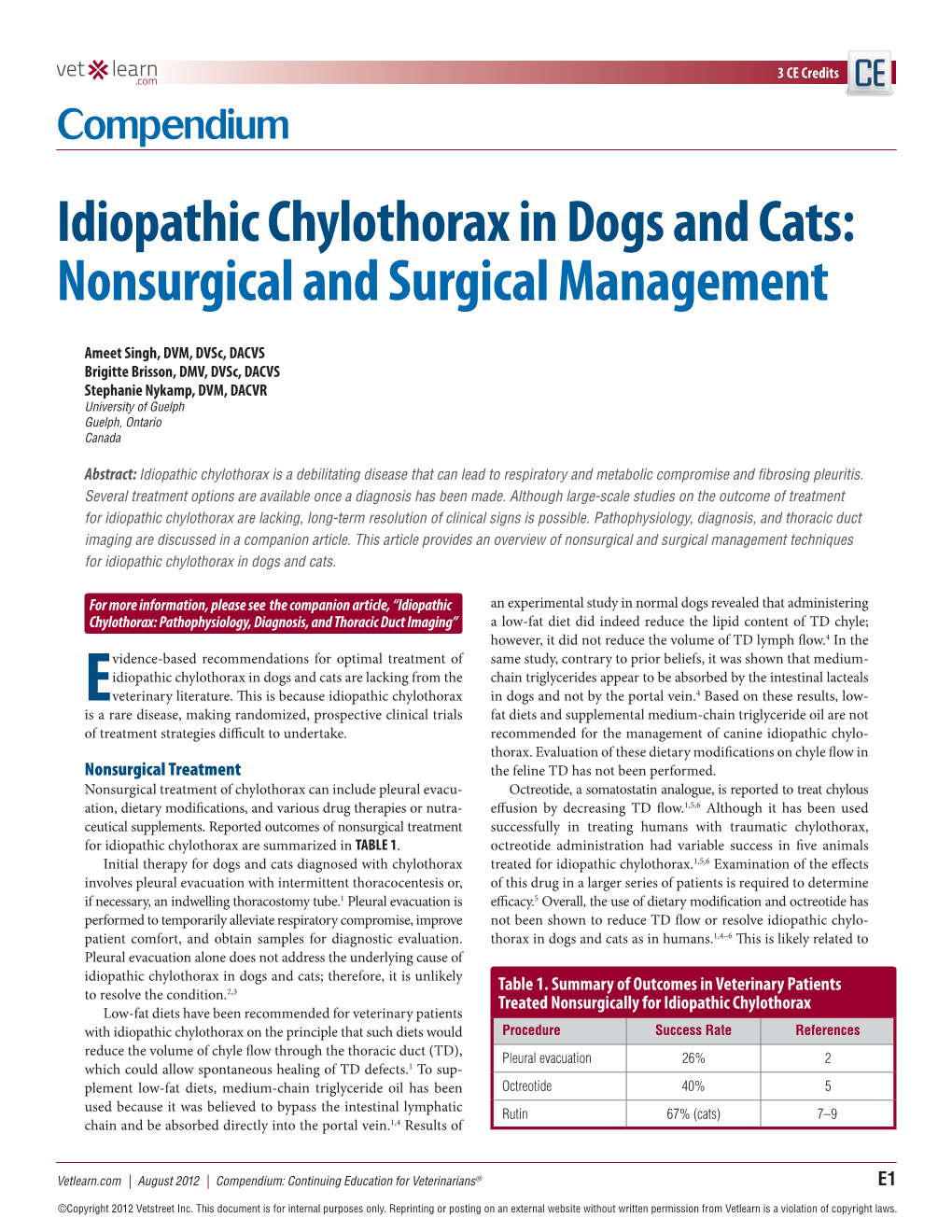 Idiopathic Chylothorax in Dogs and Cats: Nonsurgical and Surgical Management