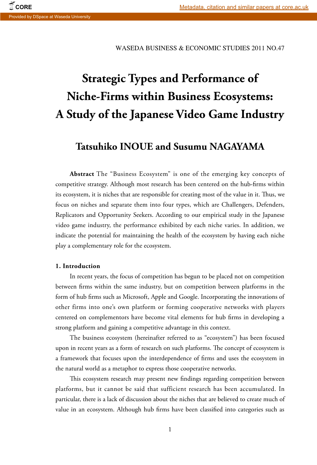 Strategic Types and Performance of Niche-Firms Within Business Ecosystems: a Study of the Japanese Video Game Industry