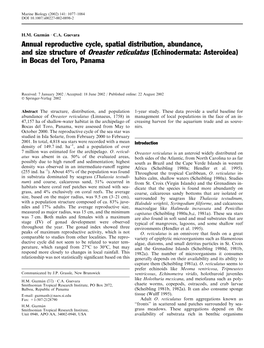 Annual Reproductive Cycle, Spatial Distribution, Abundance, and Size Structure of Oreaster Reticulatus (Echinodermata: Asteroidea) in Bocas Del Toro, Panama