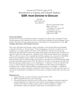 Introduction to Literary and Cultural Analysis: GDR: from OSTZONE to OSTALGIE