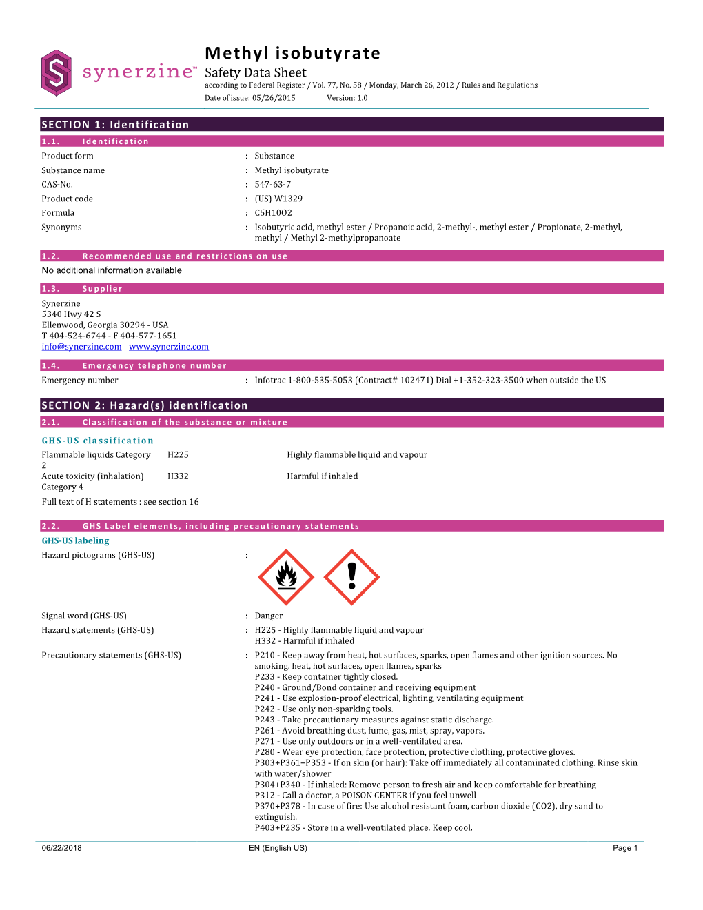 Methyl Isobutyrate Safety Data Sheet According to Federal Register / Vol